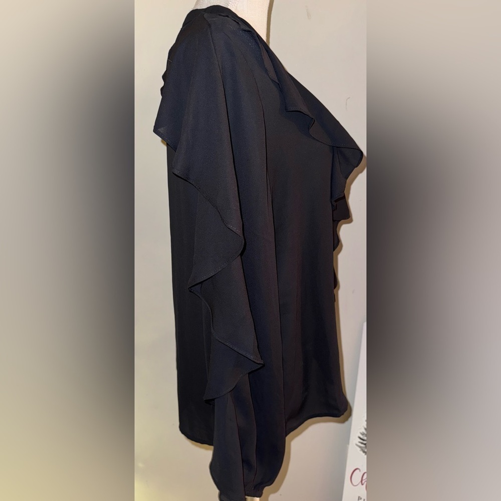 Everly Black Ruffle Blouse Size L. EUC - Picture 3 of 6
